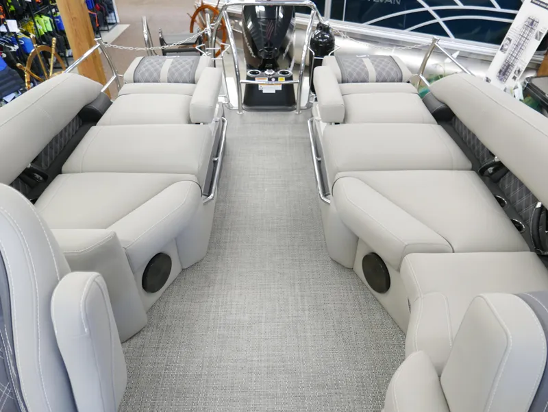 Slide: The Image of 2024 Barletta Lusso 23M pontoon boat interior with luxurious seating and modern design. - 40
