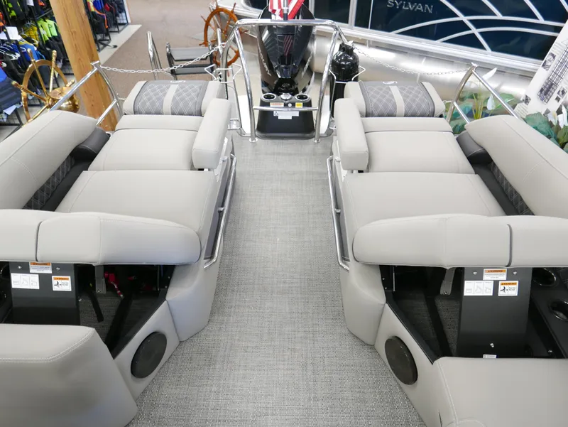 Slide: The Image of 2024 Barletta Lusso 23M pontoon boat interior with luxurious seating and modern design. - 42