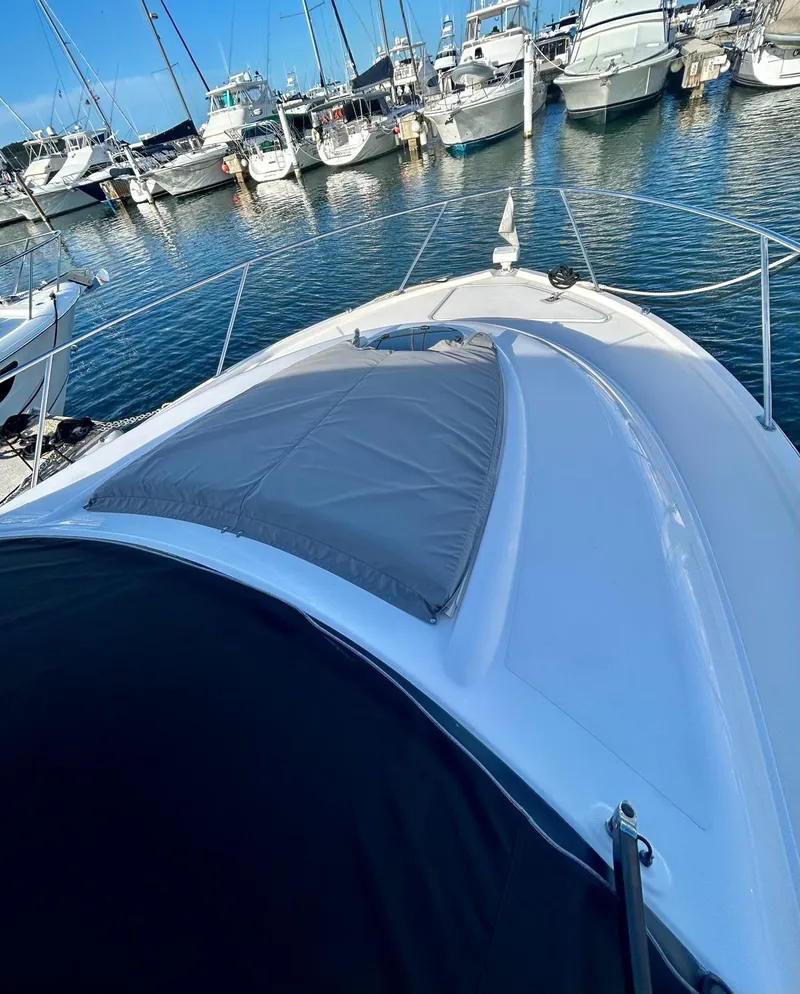 Slide: The Image of 2022 Tiara Yachts C39 Coupe docked in marina, surrounded by other boats. - 2