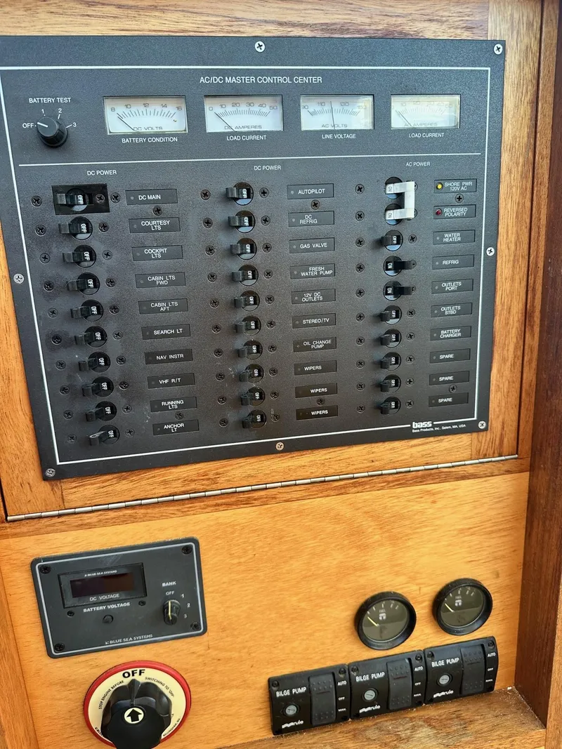 Slide: The Image of AC/DC master control panel on a 1998 Mast & Mallet Rabbit 34 boat. - 21