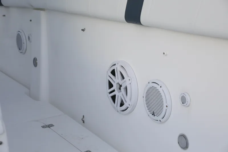 Slide: The Image of Close-up of 2008 Midnight Express 37 boat speakers and interior details. - 23