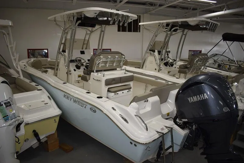 Slide: The Image of 2024 Key West 239 FS boat with Yamaha engine in showroom. - 4