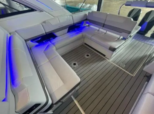 Slide: The Image of 2021 Formula 380 Super Sport Crossover OB interior with sleek seating and ambient lighting. - 18