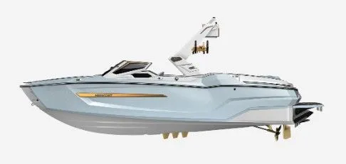Slide: The Image of 2026 MasterCraft X24 boat, modern design, side view. - 2