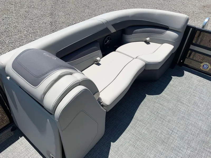Slide: The Image of 2025 Barletta Cabrio 22UC boat interior with luxurious gray seating. - 4