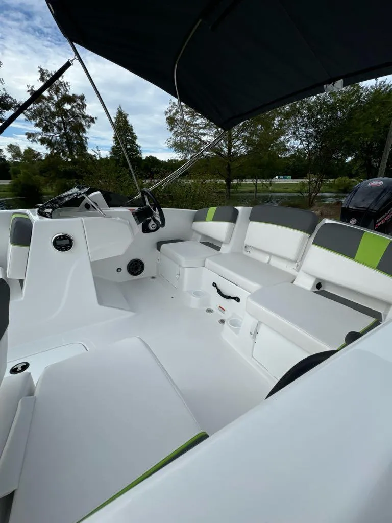 Slide: The Image of 2024 Tahoe T18 boat interior with seating and steering console under canopy. - 5
