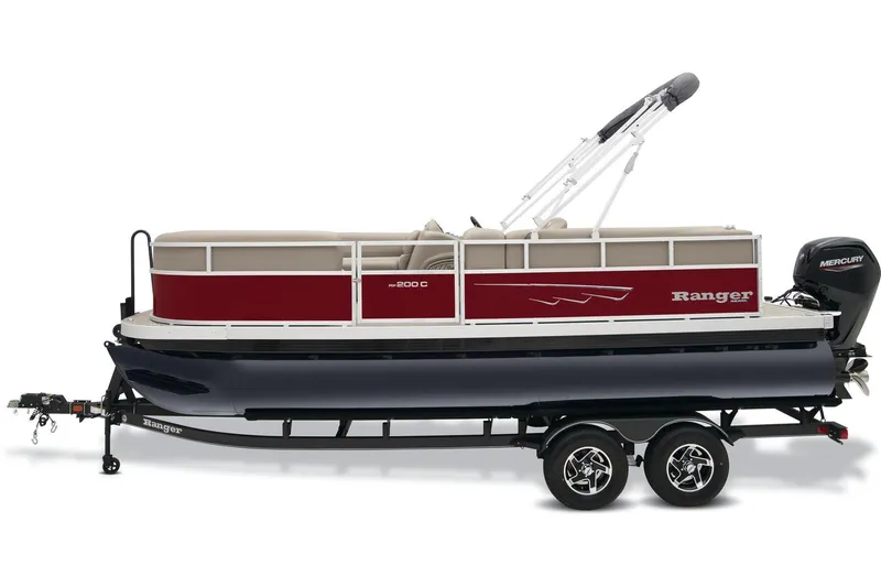 Slide: The Image of 2024 Ranger Reata 200C pontoon boat on display with price tag. - 3