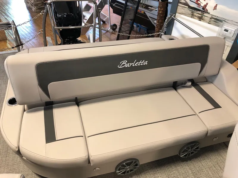 Slide: The Image of 2025 Barletta ARIA 20UC boat seating, beige and gray upholstery. - 7