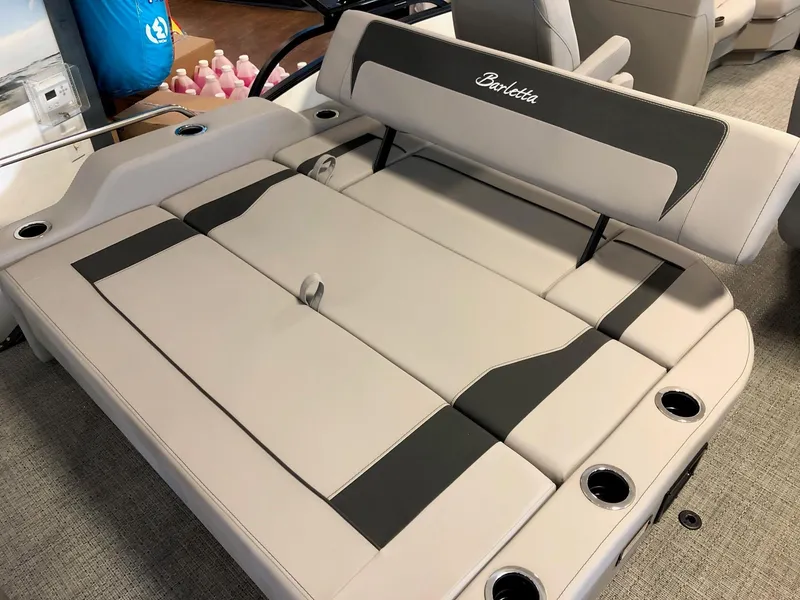 Slide: The Image of 2025 Barletta ARIA 20UC boat seating with beige and gray upholstery. - 8