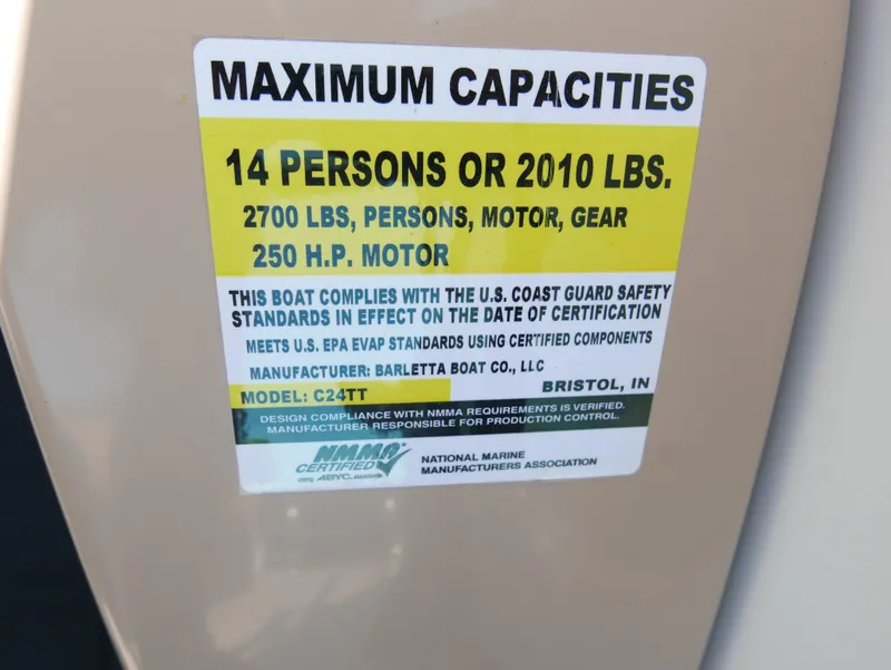 Slide: The Image of Barletta Cabrio 24UC 2025 capacity label: 14 persons, 2010 lbs, 250 HP motor. - 18