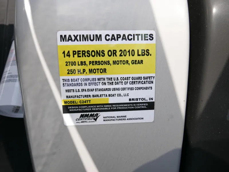 Slide: The Image of Barletta Cabrio 24UE 2025 capacity label: 14 persons, 2010 lbs, 250 HP motor. - 21
