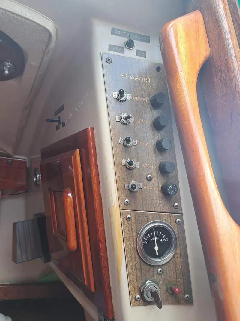 Slide: The Image of 1979 Newport Mark II control panel with gauges and switches in a wooden interior. - 22