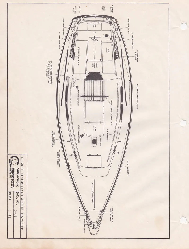 Slide: The Image of Blueprint of 1979 Newport Mark II sailboat, detailed deck layout and specifications. - 34