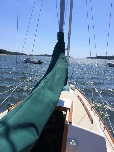 Slide: The Image of Sailboat on open water, Quickstep 24 model, 1988, with green sail cover, sunny day. - 4