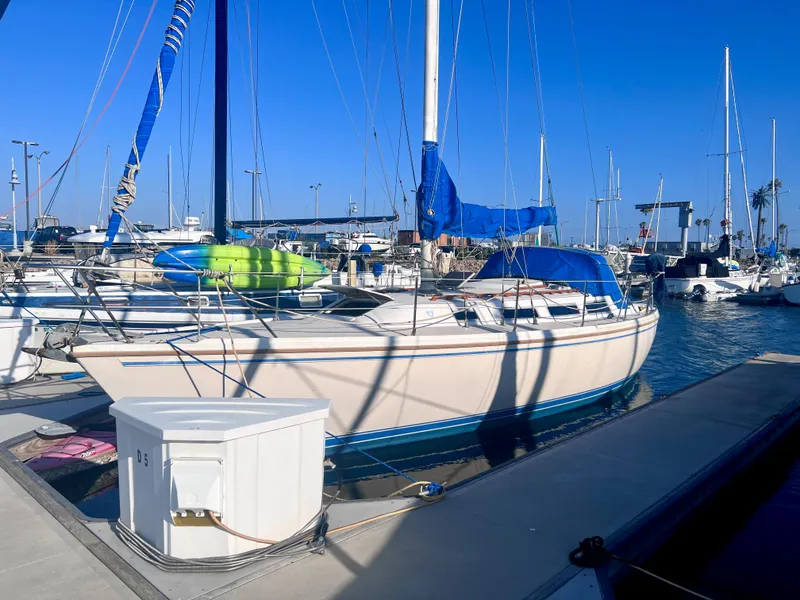 The Image of 1983 Catalina 36 sailboat docked at a marina under clear blue skies. - 1