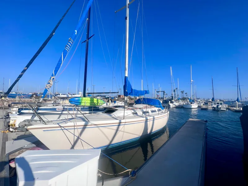 Slide: The Image of 1983 Catalina 36 sailboat docked in a sunny marina with clear blue skies. - 3