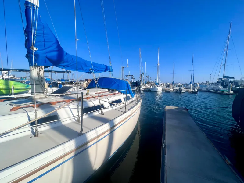 Slide: The Image of 1983 Catalina 36 sailboat docked in a marina under a clear blue sky. - 4