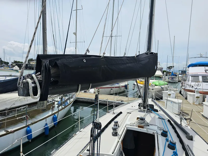 Slide: The Image of 1987 Express 37 sailboat docked at marina with covered boom. - 4
