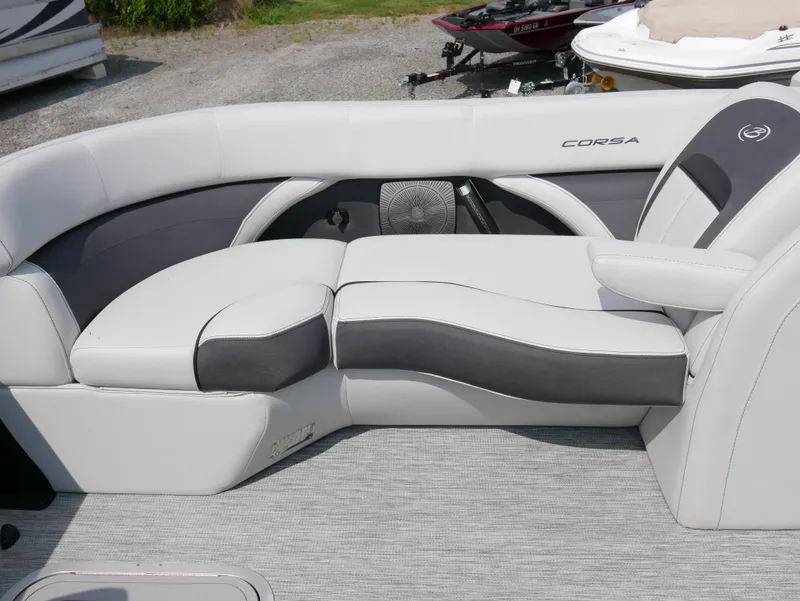 Slide: The Image of 2022 Barletta Corsa 23UC boat interior with sleek, modern seating design. - 13