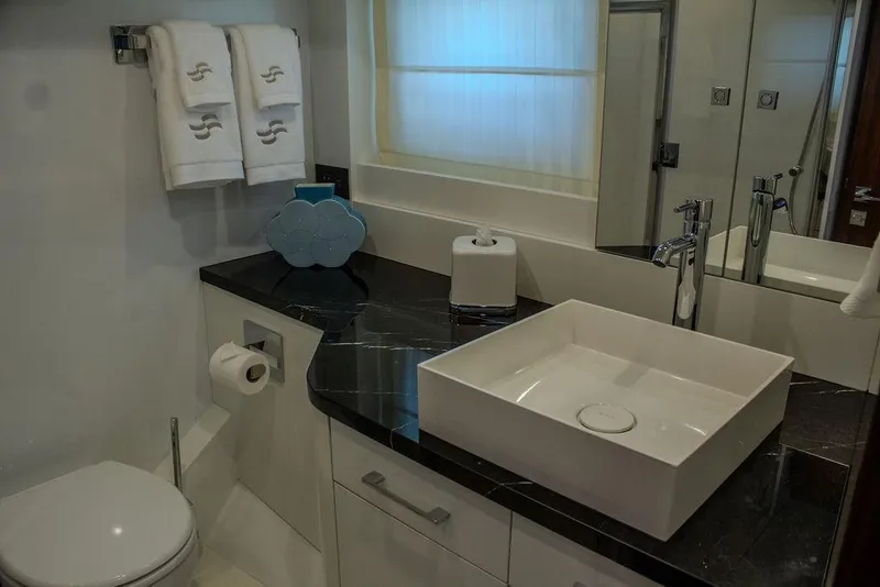 Slide: The Image of Luxurious bathroom in 2022 Sirena 58 Flybridge yacht with modern sink and elegant decor. - 21