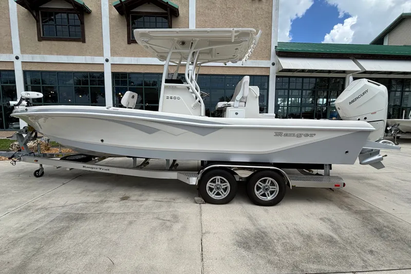 Slide: The Image of 2024 Ranger 2600 Bay boat on trailer, parked outside a building. - 5