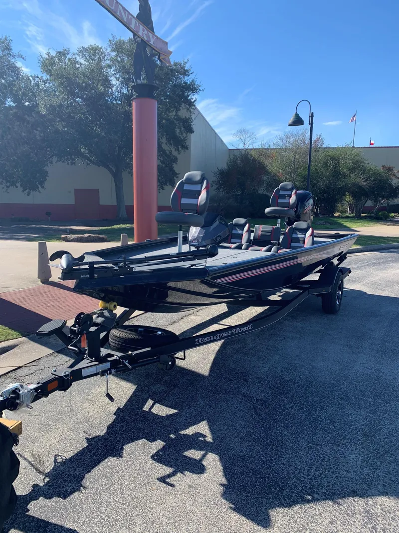 Slide: The Image of 2024 Ranger RT188 boat on trailer in sunny outdoor setting. - 1