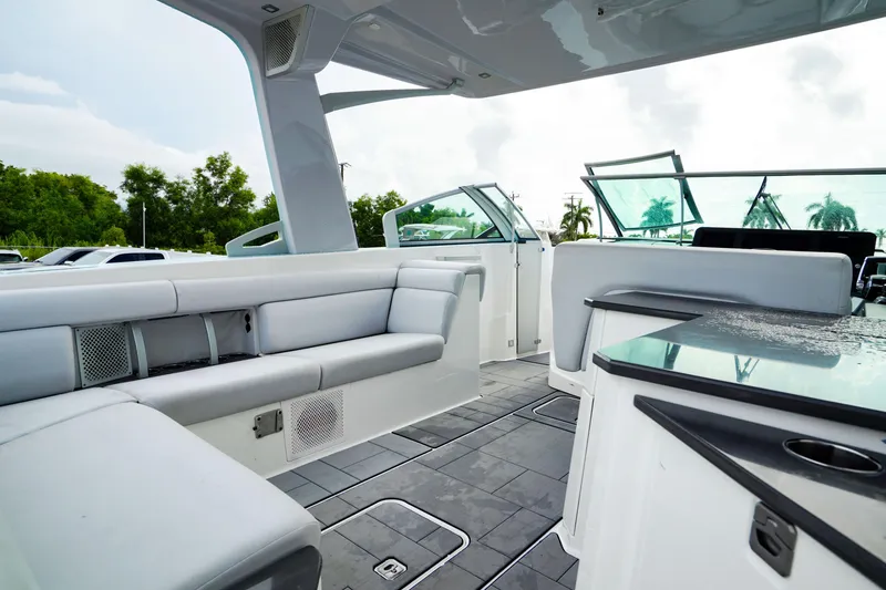 Slide: The Image of Luxurious interior of 2022 Aviara AV32 OB boat with sleek seating and modern design. - 19