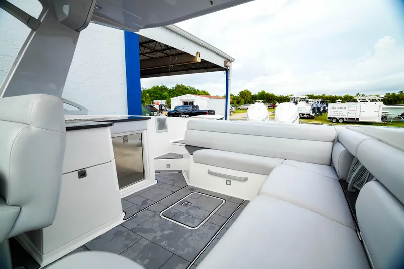 Slide: The Image of 2022 Aviara AV32 OB boat interior with sleek seating and modern design. - 21