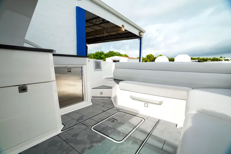 Slide: The Image of 2022 Aviara AV32 OB boat interior with sleek seating and modern design. - 27