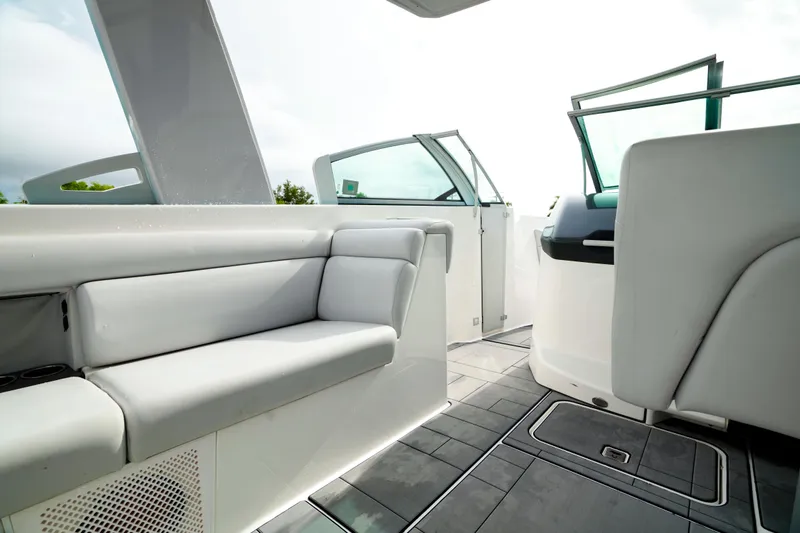 Slide: The Image of 2022 Aviara AV32 OB luxury boat interior with sleek seating and modern design. - 28