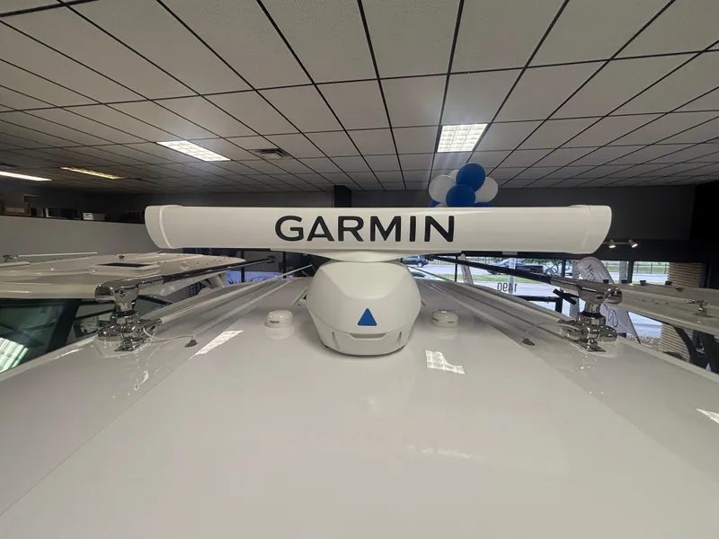 Slide: The Image of Garmin radar on 2025 Jupiter 380LS boat, indoor showroom display. - 20