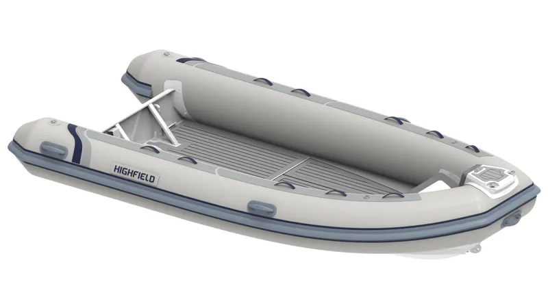 The Image of 2024 Highfield Classic 420 inflatable boat, gray with blue accents, side view. - 0
