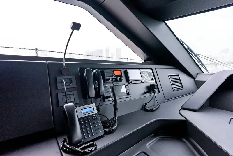 Slide: The Image of Modern yacht control panel, Custom Line 106', 2023 model, featuring advanced communication systems. - 15