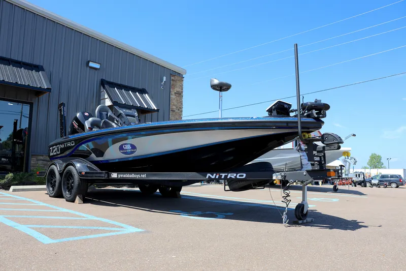 Slide: The Image of 2023 Nitro Z20 Pro boat parked outside a building on a sunny day. - 9