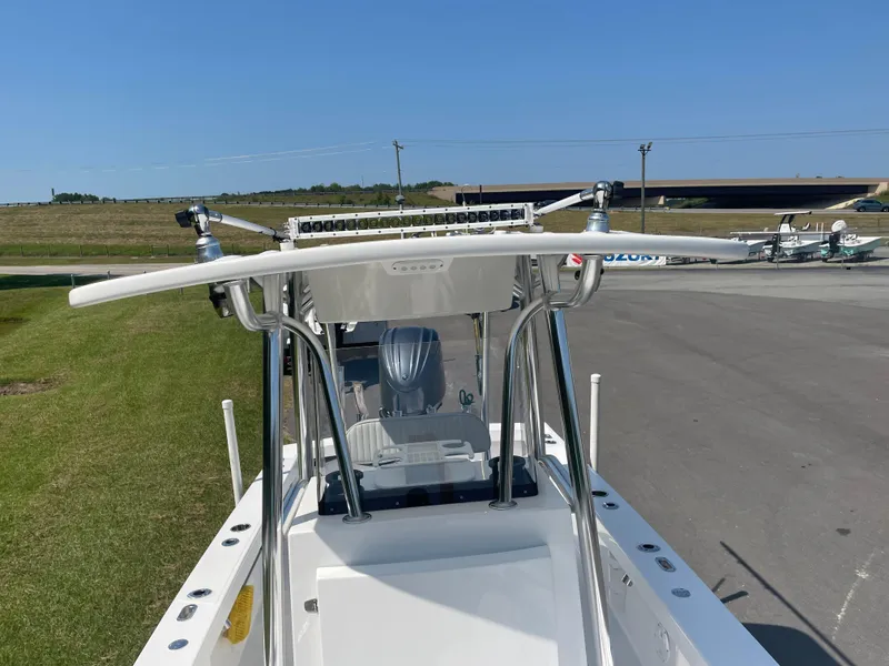 Slide: The Image of 2023 Rambo 27 boat seat with gray cushioned upholstery and chrome accents. - 16