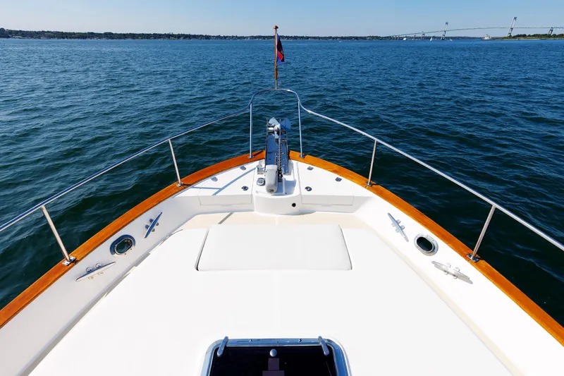 Slide: The Image of Bow view of 2014 Grand Banks 43 Europa yacht on open water. - 25