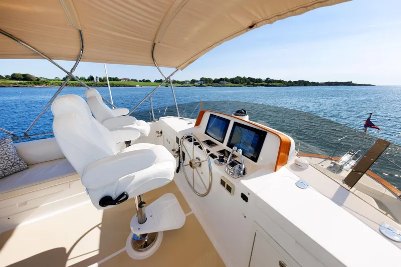 Slide: The Image of Grand Banks 43 Europa 2014 yacht helm with dual screens and white captain chairs. - 40