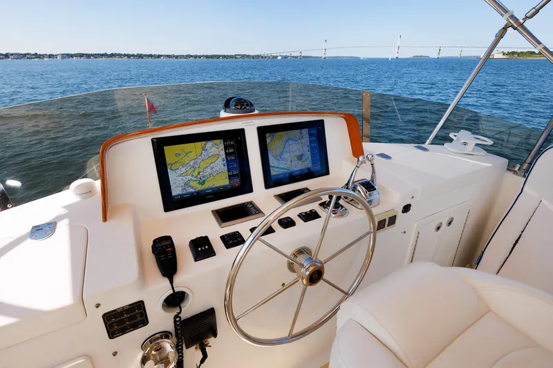 Slide: The Image of Grand Banks 43 Europa 2014 yacht helm with navigation screens and ocean view. - 42