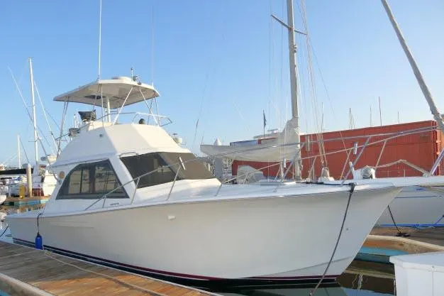 Slide: The Image of 1988 Jersey 36 Convertible Sportfisher docked at marina, side view. - 42