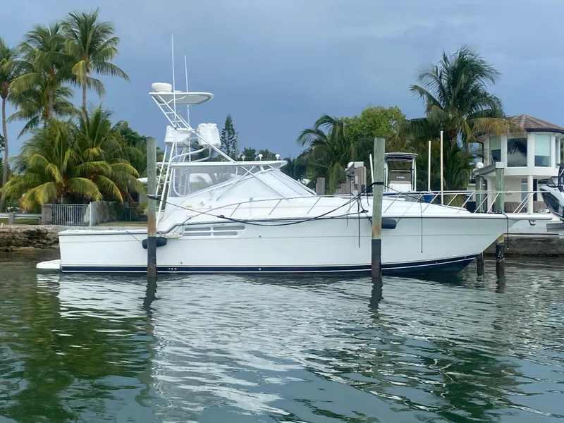 Slide: The Image of 1999 Tiara Yachts 43 Open docked near palm trees and waterfront homes. - 3