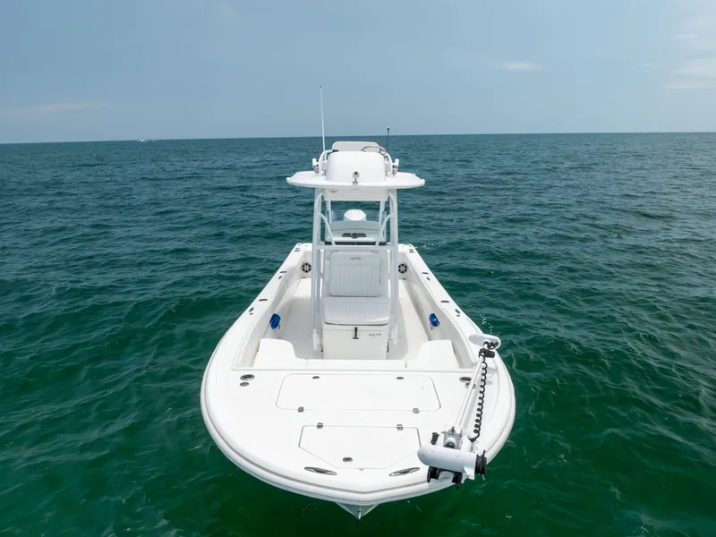 Slide: The Image of 2023 Canyon Bay 28h boat on open sea, front view. - 17