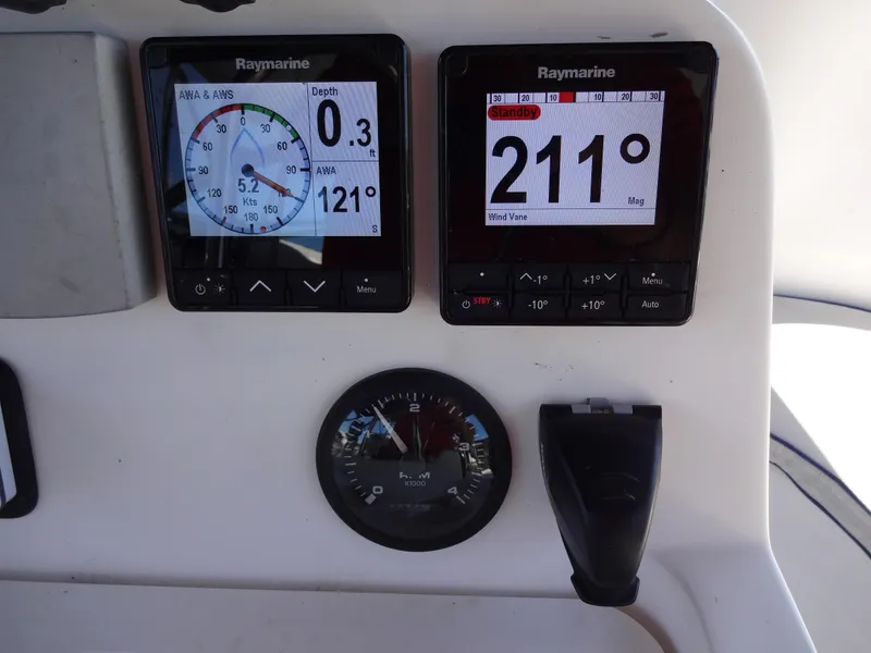 Slide: The Image of Sailing instruments on a 2001 Hunter 380 yacht dashboard, displaying wind and depth data. - 12