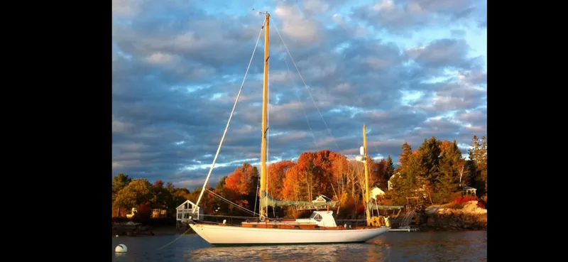 The Image of Vintage 1964 Concordia 41 Yawl sailing on a serene lake with autumn foliage. - 1