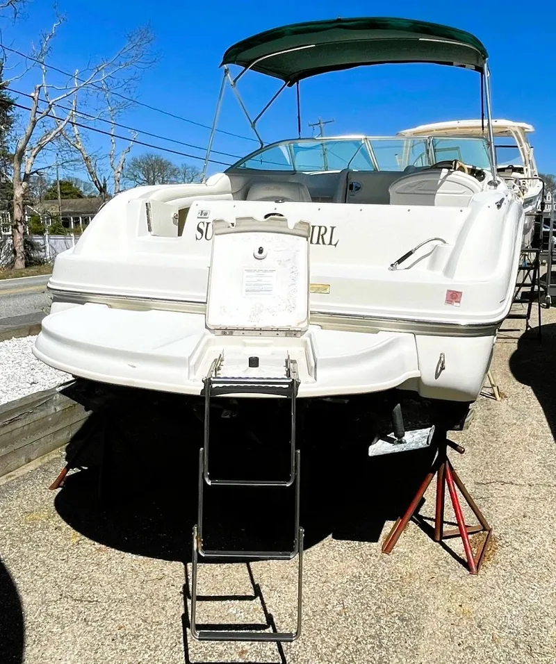 Slide: The Image of 2001 Sea Ray 225 Weekender boat on stands, rear view with ladder and green canopy. - 11