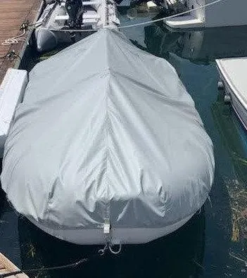 Slide: The Image of 2021 North Atlantic Inflatables ALA300 with Yamaha F8, covered and docked. - 8