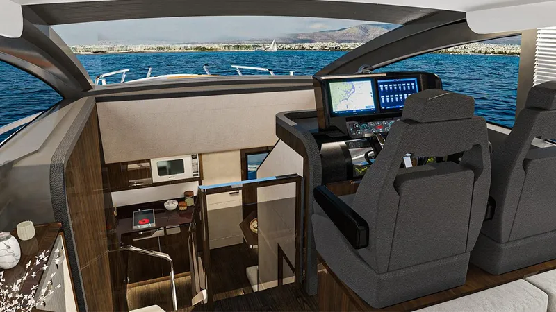 Slide: The Image of 2023 Lazzara LSX 67 yacht interior with modern helm and navigation systems. - 15