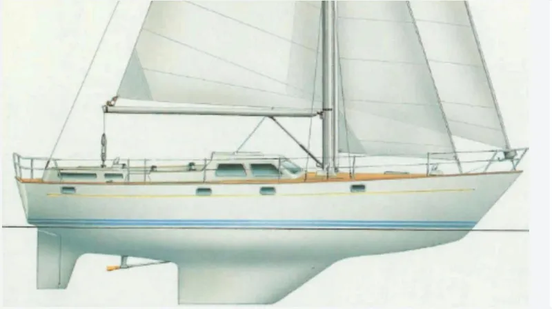 Slide: The Image of Illustration of a 1987 Oyster 46.5 sailboat with sails unfurled. - 44