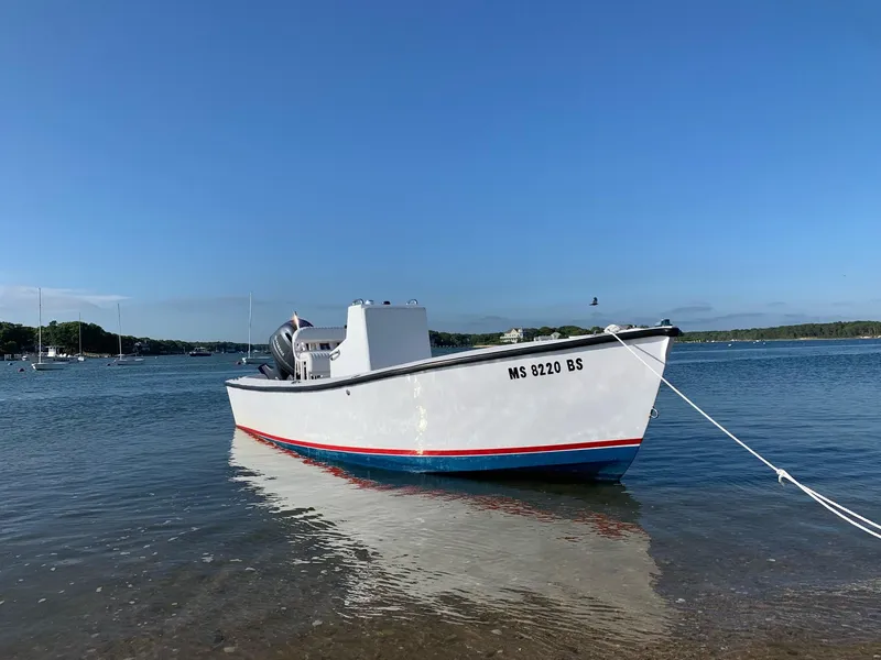 Slide: The Image of 2020 ROS Boats 20 Center Console moored in calm waters under clear blue sky. - 0