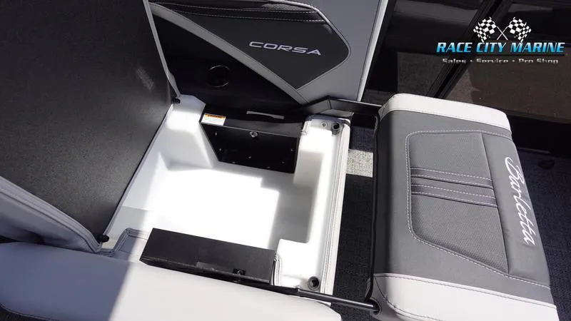 Slide: The Image of Barletta X23U 2025 boat interior seating with storage compartment, Race City Marine branding. - 39