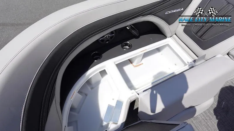 Slide: The Image of 2025 Barletta X23U boat interior with storage compartment and seating. - 41